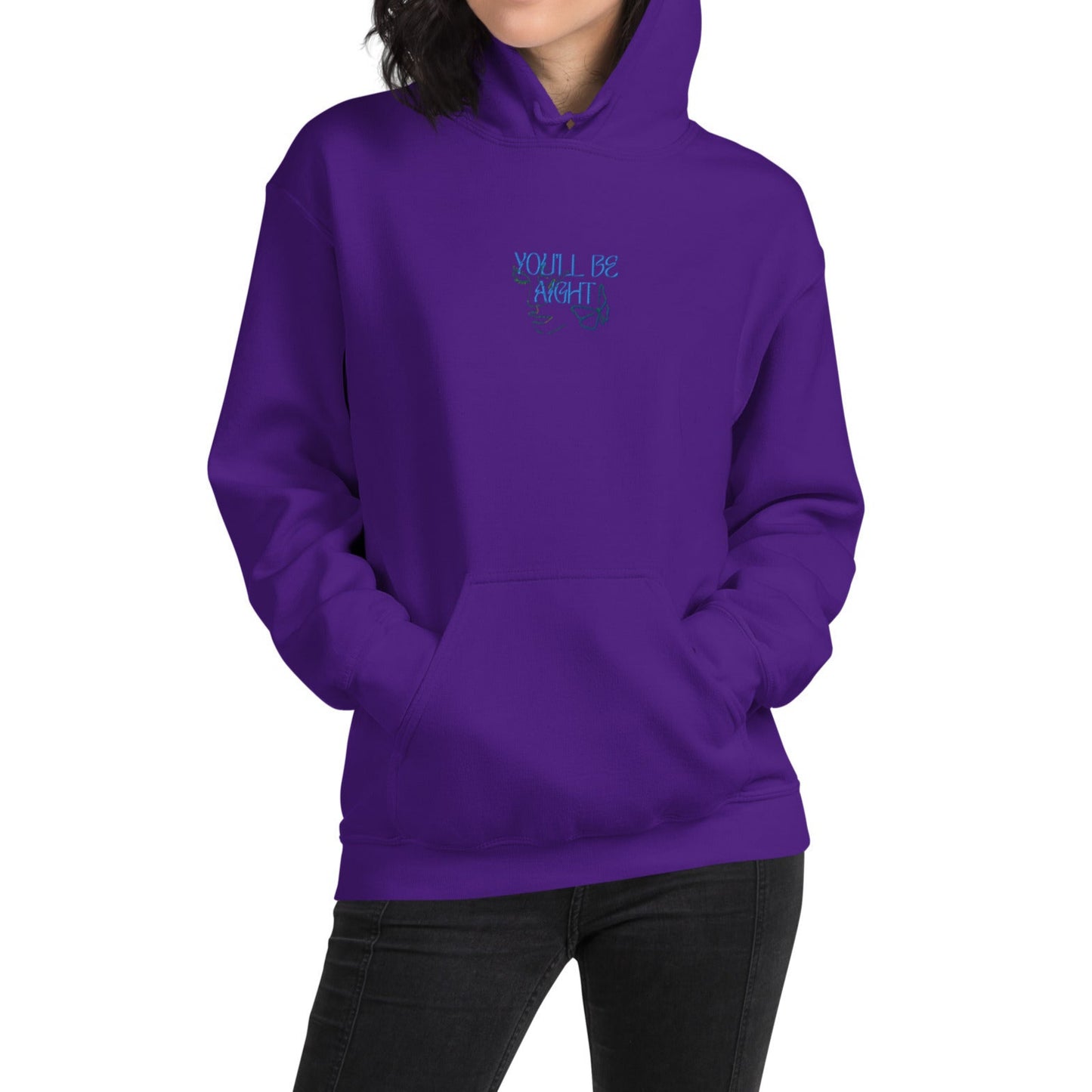 Purple hoodie with text You'll be aight